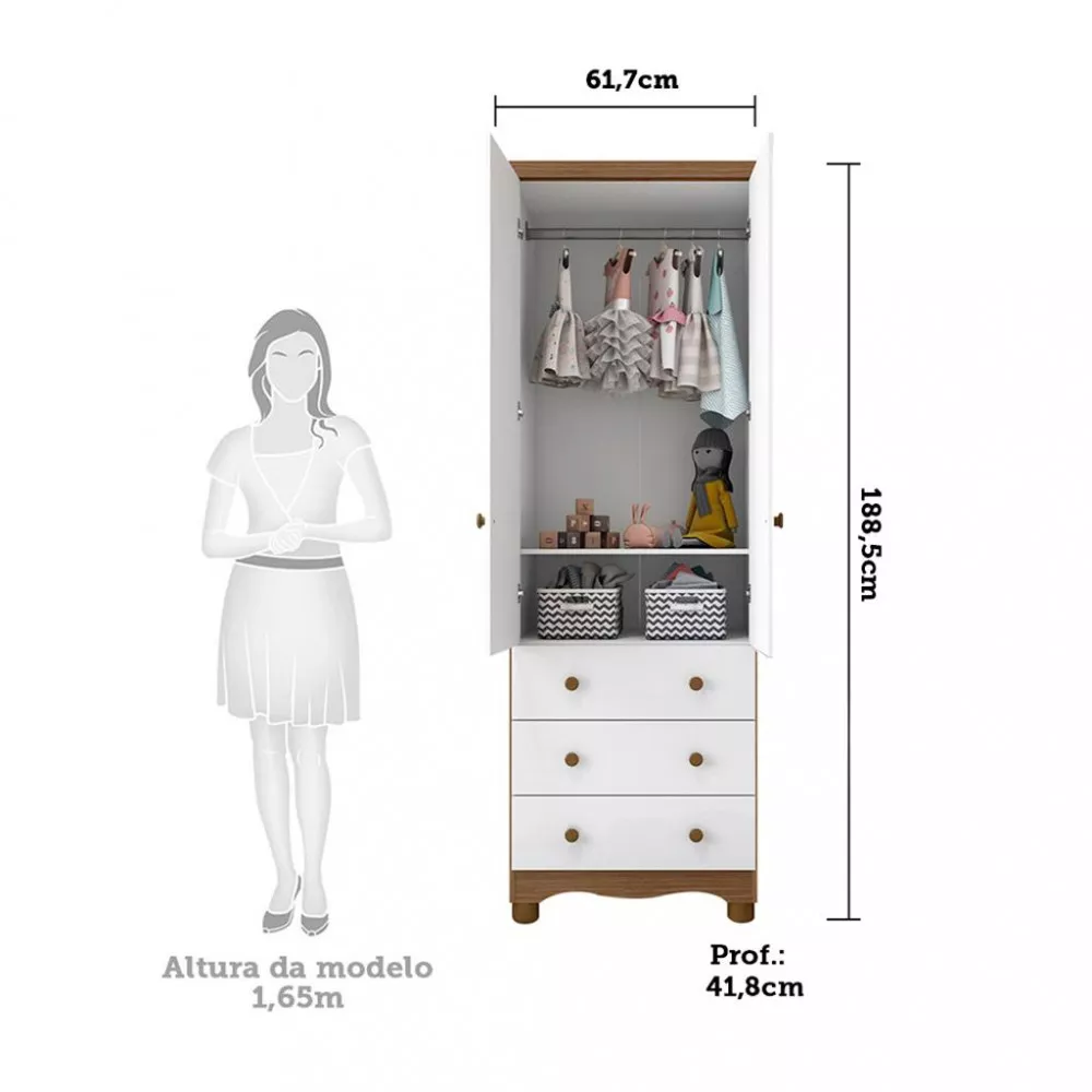 Guarda Roupa Infantil 2 Portas 3 Gavetas com Pés 100 MDF Júnior New Móveis Peroba