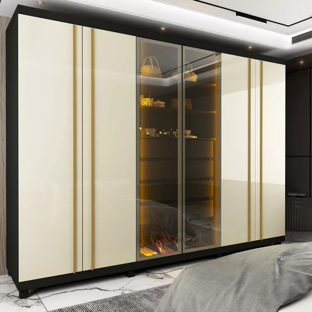 Guarda Roupa Casal LED com Vidro Reflecta 6 Portas com Pés em MDF Absolut Gelius