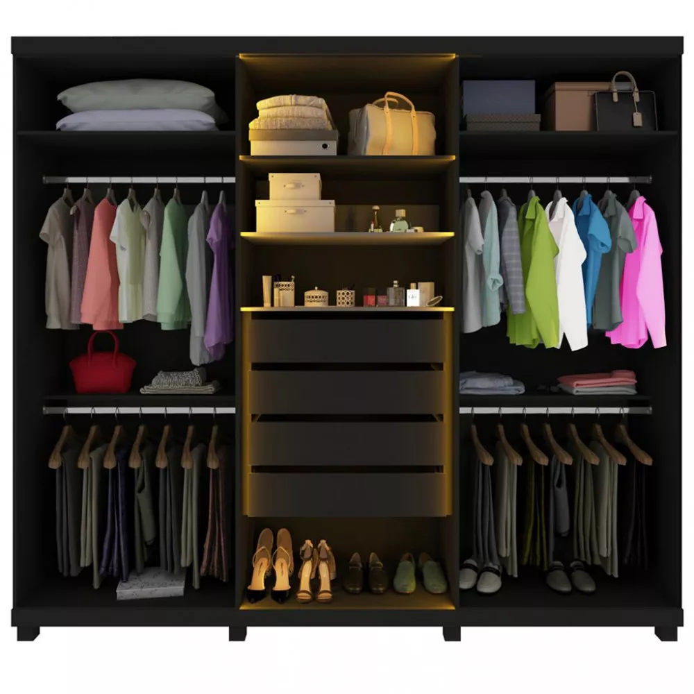 Guarda Roupa Casal LED com Vidro Reflecta 6 Portas com Pés em MDF Absolut Gelius