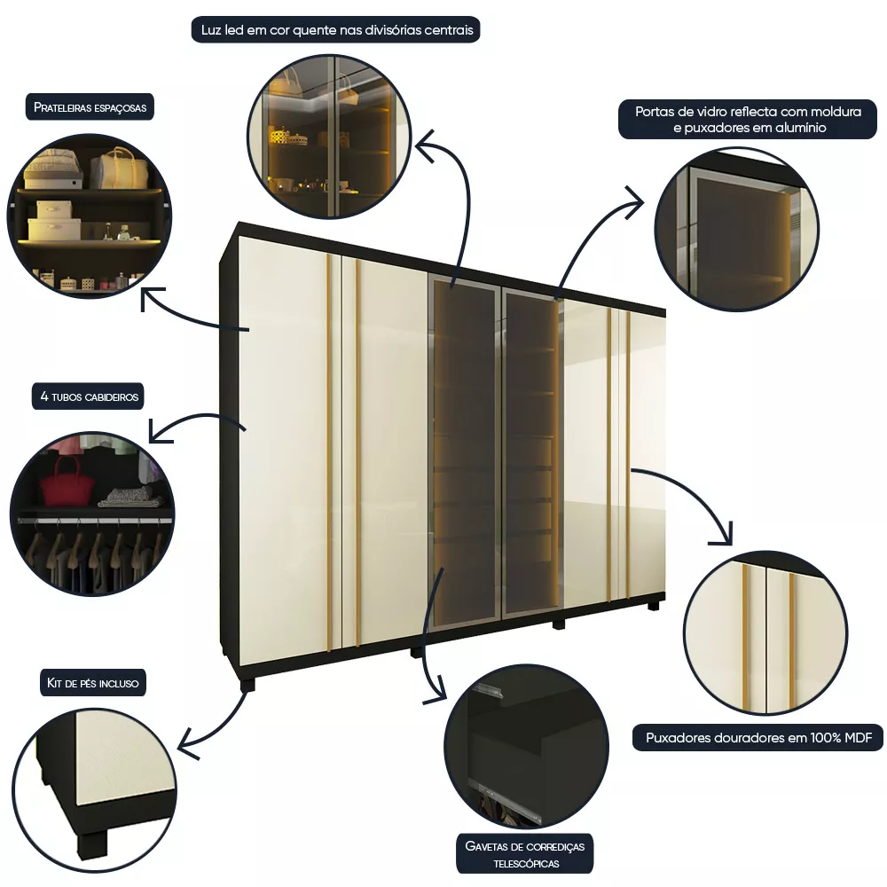 Guarda Roupa Casal LED com Vidro Reflecta 6 Portas com Pés em MDF Absolut Gelius
