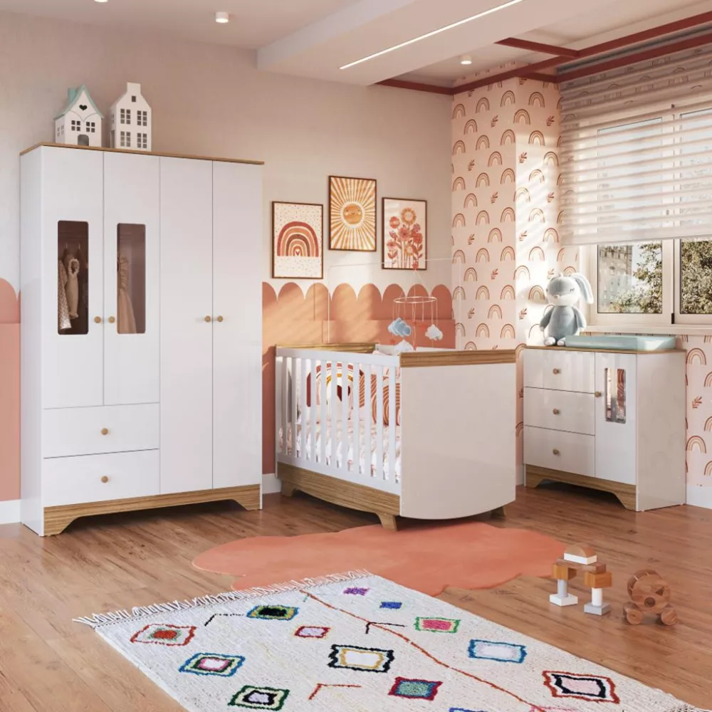 Quarto Infantil Guarda Roupa 4 Portas e Cômoda Ben e Berço Americano Móveis Peroba