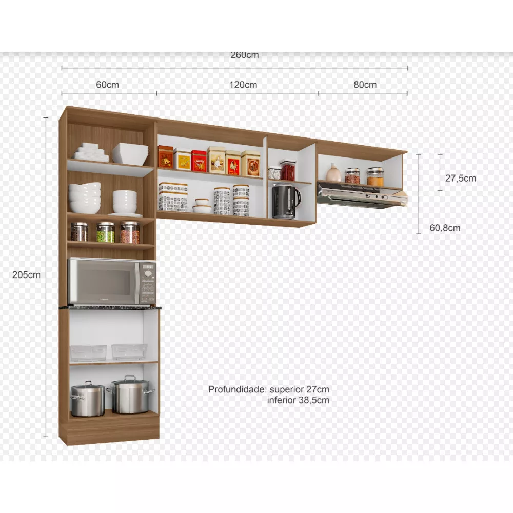 Cozinha Compacta Paneleiro e Aéreo 260 cm Paris Poliman