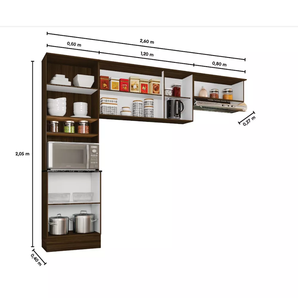 Cozinha Compacta Paneleiro e Aéreo 260 cm Paris Poliman