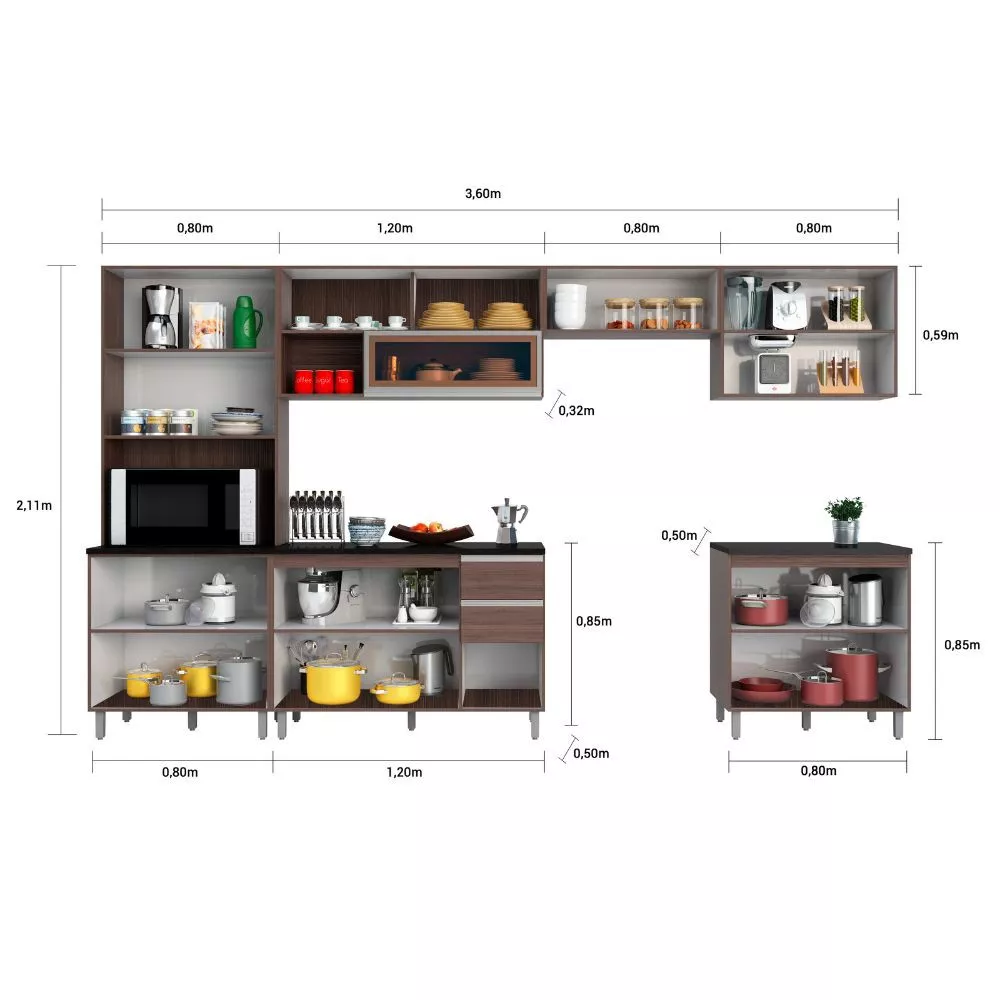 Cozinha Modulada 6 Peças 14 Portas 2 Gavetas Com Torre Quente Evidence