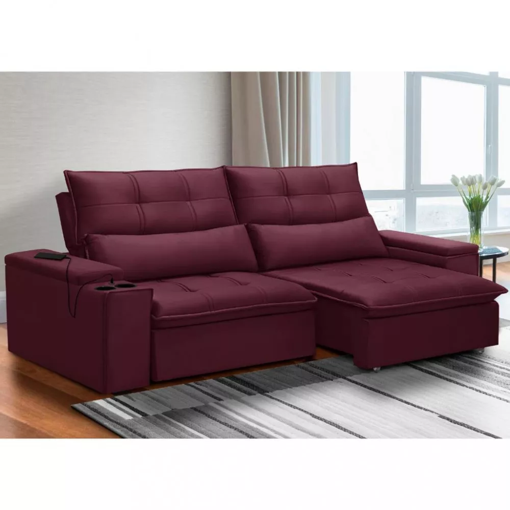 Sofá 3 Lugares Retrátil Reclinável com USB Veludo 230cm Munique Ferguile