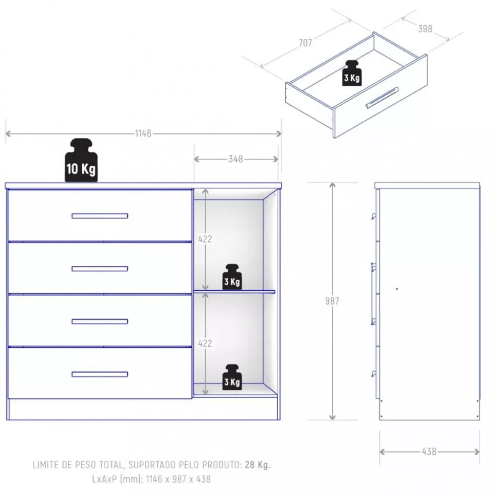 Cômoda 4 Gavetas 1 Porta Gênova Plus Zanzini