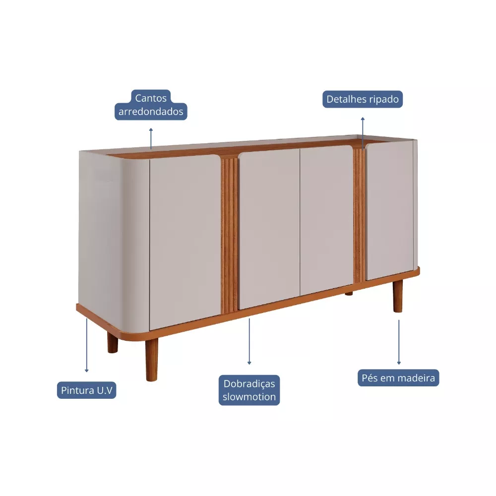 Aparador Buffet Ripado 4 Portas com Pés de Madeira 100 MDF Eva Cimol