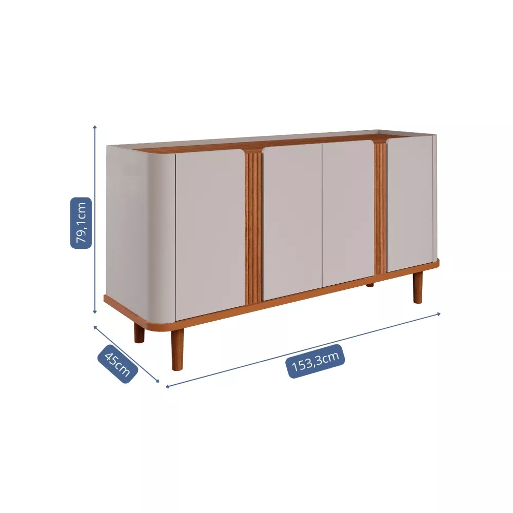 Aparador Buffet Ripado 4 Portas com Pés de Madeira 100 MDF Eva Cimol