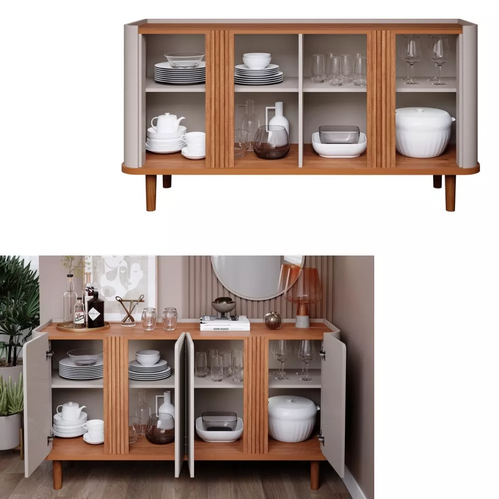 Aparador Buffet Ripado 4 Portas com Pés de Madeira 100 MDF Eva Cimol